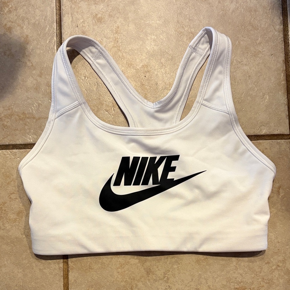 Nike White Racerback Sports Bra with Black Swoosh
